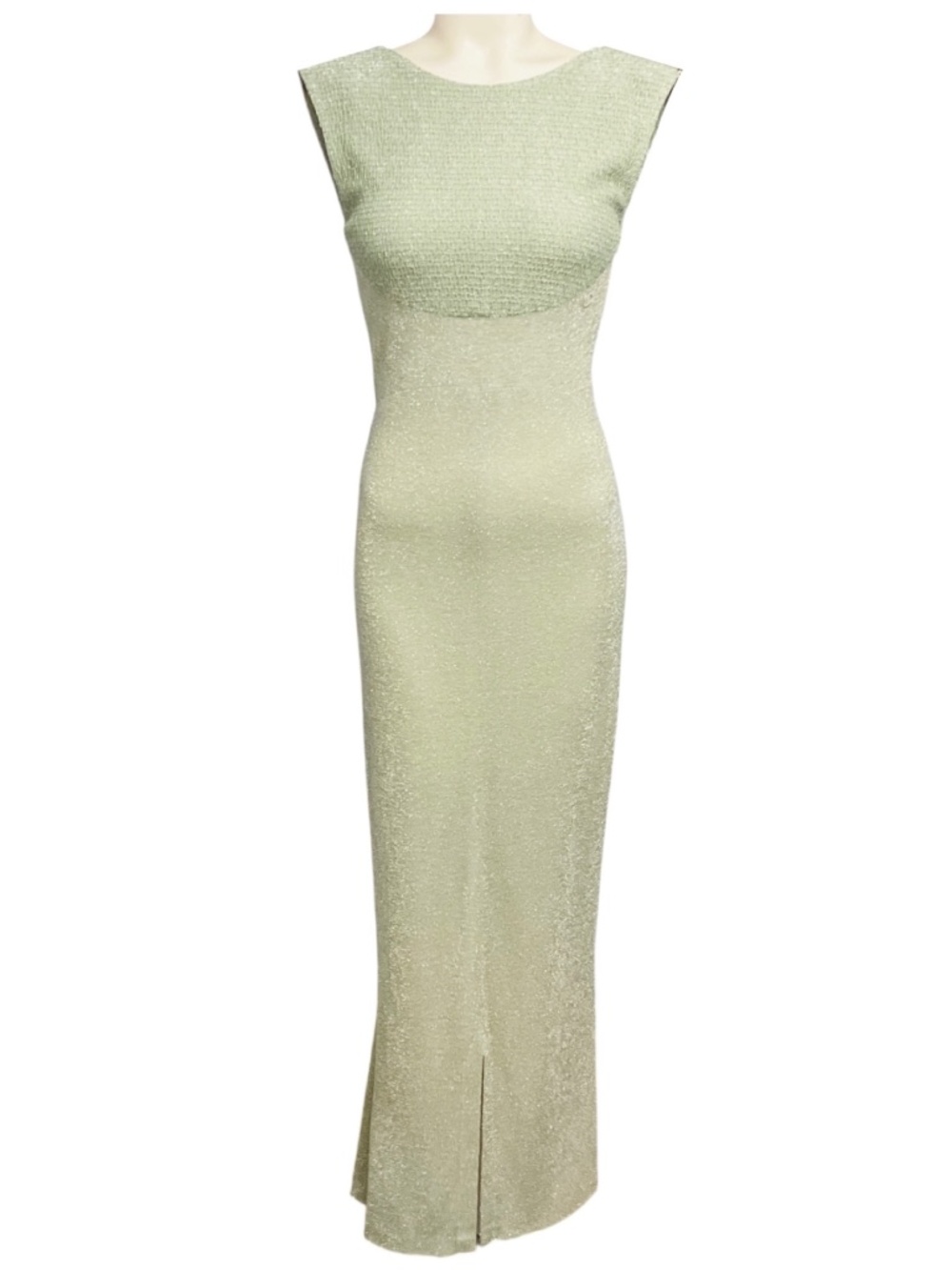 CHANEL RARE VINTAGE 2001 PALE MINT GREEN / SILVER METALLIC GOWN WITH FISHNET TRI